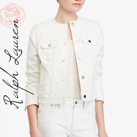 collarless white jean jacket